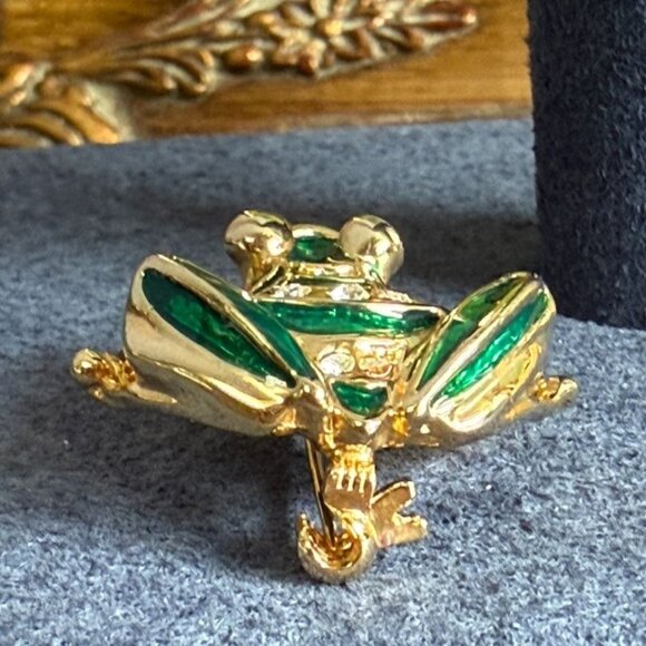 Vintage Frog Pin Enamel Rhinestone Gold Tone Signed Nat Landau Hyman NLH - Picture 8 of 10